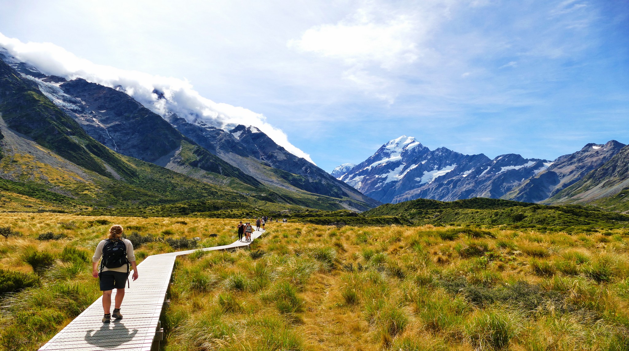 Walking along the great winding Hooker Valley track at Mount Cook, New Zealand